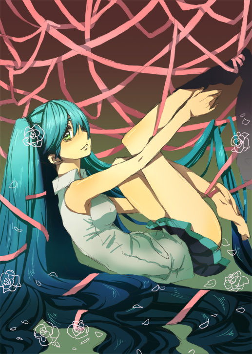 tibino, hatsune miku, vocaloid, bad id, bad pixiv id, aqua eyes, aqua hair, barefoot, blush, feet, green eyes, long hair, ribbon, skirt, smile, socks, solo, thighhighs, twintails, undressing, very long hair