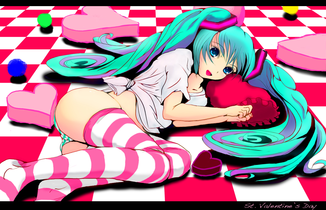 suzuhane suzu, hatsune miku, vocaloid, bad id, bad pixiv id, 1girl, aqua hair, blue eyes, female focus, heart, long hair, lying, panties, pillow, shirt, solo, striped clothes, striped panties, striped thighhighs, thighhighs, tied shirt, twintails, underwear, valentine, very long hair