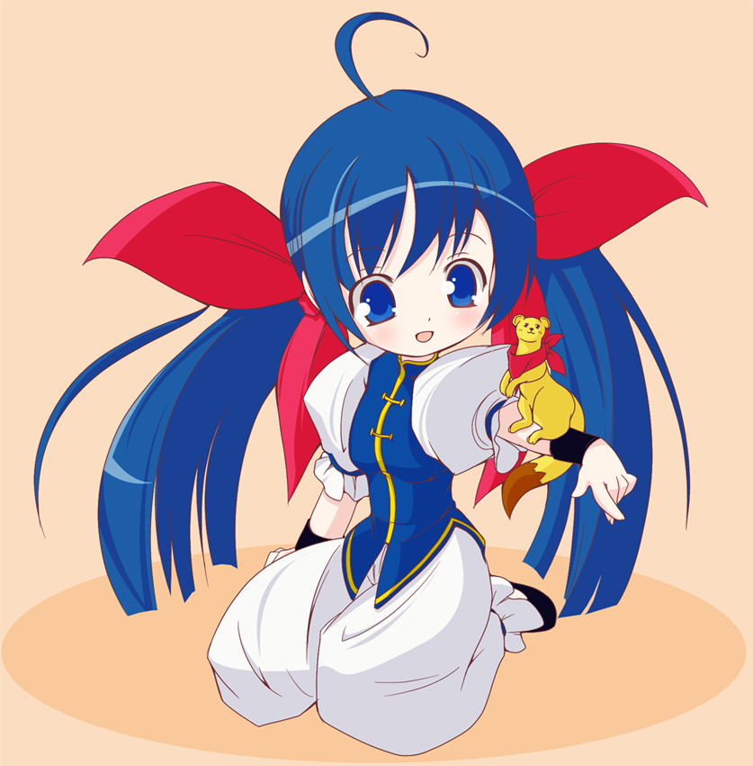 haru (arser doil), futaba hotaru, itokatsu (garou), fatal fury, garou: mark of the wolves, snk, bad id, bad pixiv id, ahoge, blue eyes, blue hair, chibi, ferret, kneeling, ribbon, scarf, smile, solo, twintails, wristband