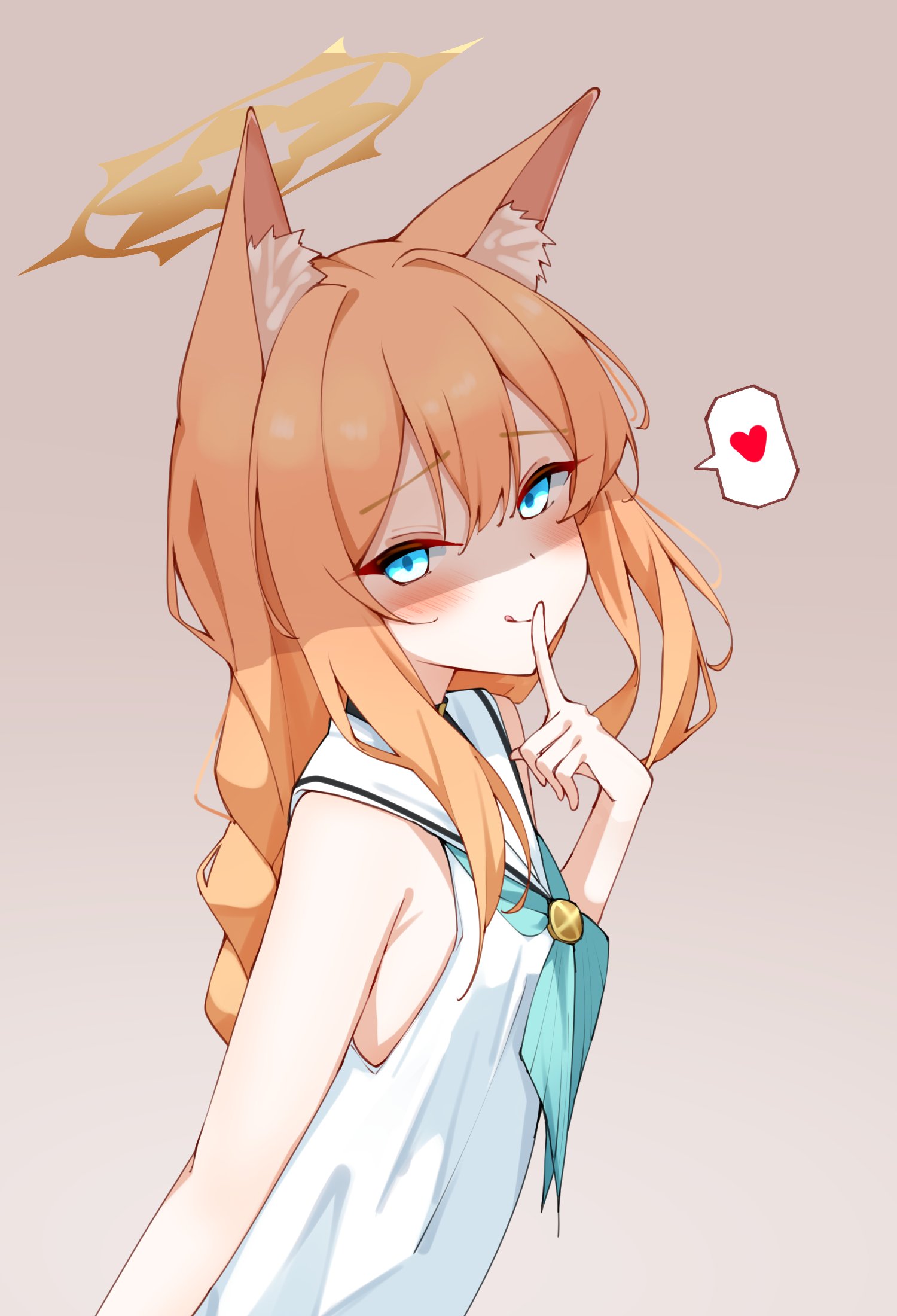 kabocya na, mari (blue archive), blue archive, highres, 1girl, animal ear fluff, animal ears, ascot, blue eyes, blush, braid, breasts, finger to mouth, from side, halo, heart, licking lips, long hair, naughty face, orange hair, shaded face, shirt, simple background, sleeveless, sleeveless shirt, small breasts, smile, solo, spoken heart, tongue, tongue out, white shirt