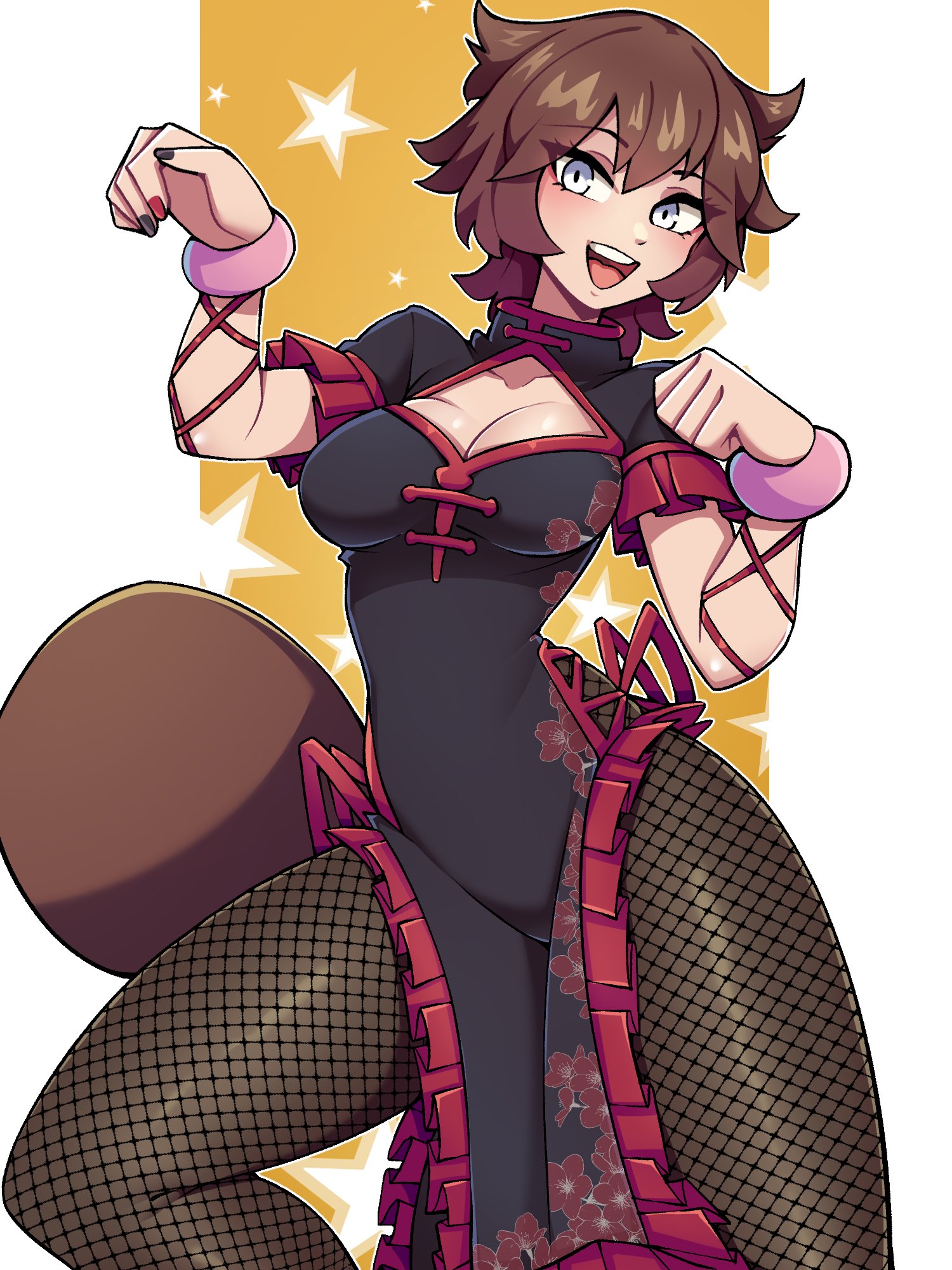 oninuer, original, commentary, commission, english commentary, highres, 1girl, black dress, black pantyhose, breasts, brown hair, china dress, chinese clothes, cleavage cutout, clothing cutout, cowboy shot, double-parted bangs, dress, fingernails, fishnet pantyhose, fishnets, grey eyes, hands up, large breasts, looking at viewer, multicolored nails, nail polish, open mouth, pantyhose, pelvic curtain, short hair, short sleeves, smile, solo, star (symbol), teeth, upper teeth only