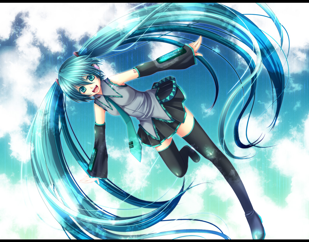 chirota, hatsune miku, vocaloid, bad id, bad pixiv id, aqua eyes, aqua hair, cloud, detached sleeves, headset, long hair, necktie, skirt, sky, solo, thighhighs, twintails, very long hair, zettai ryouiki