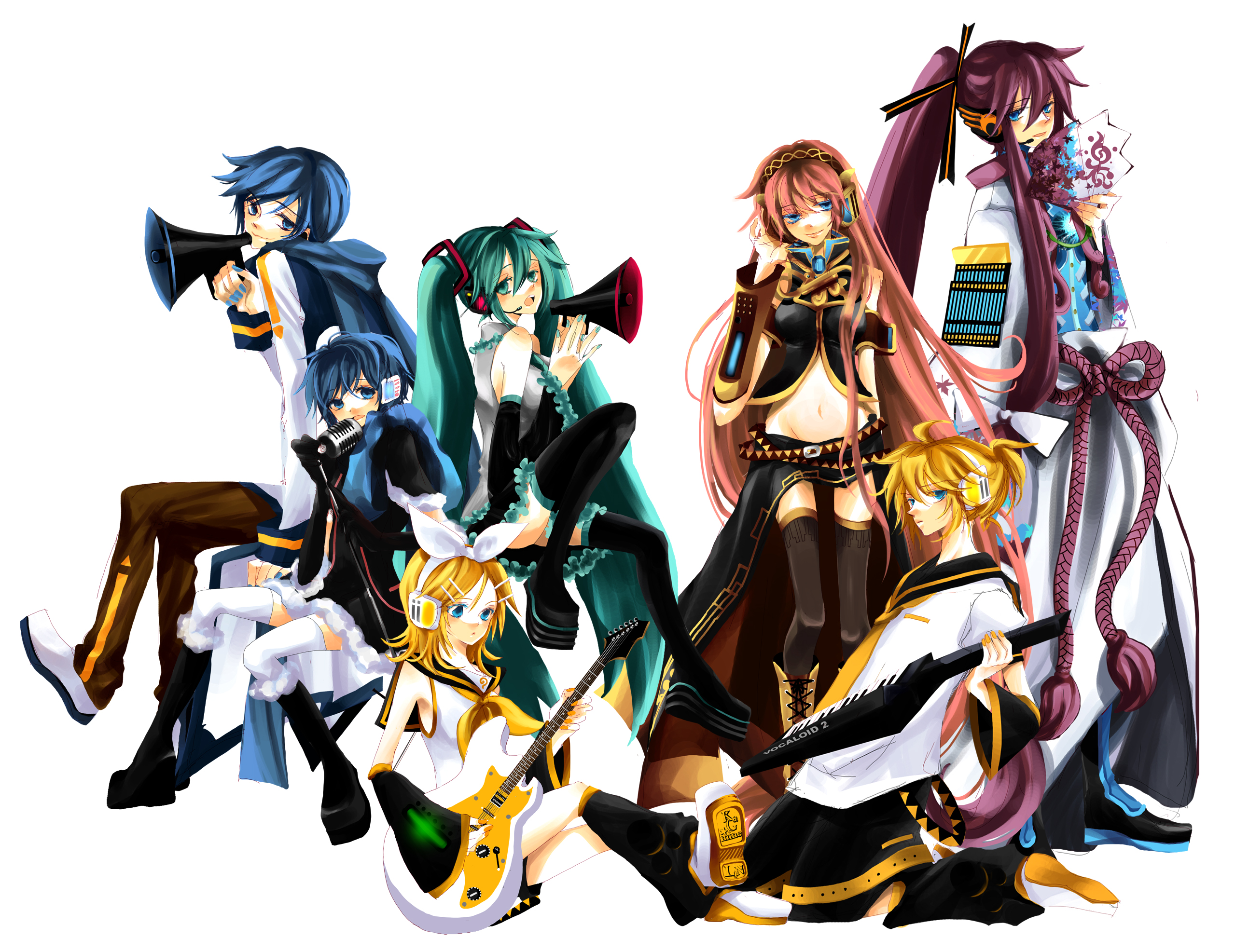 naru (pixiv117090), hatsune miku, kagamine len, kagamine rin, kaiko (vocaloid), kaito (vocaloid), kamui gakupo, megurine luka, koi wa sensou (vocaloid), vocaloid, gender request, highres, 3boys, 4girls, detached sleeves, genderswap, guitar, hand fan, headset, instrument, japanese clothes, megaphone, microphone, microphone stand, multiple boys, multiple girls, navel, skirt, thighhighs, twintails