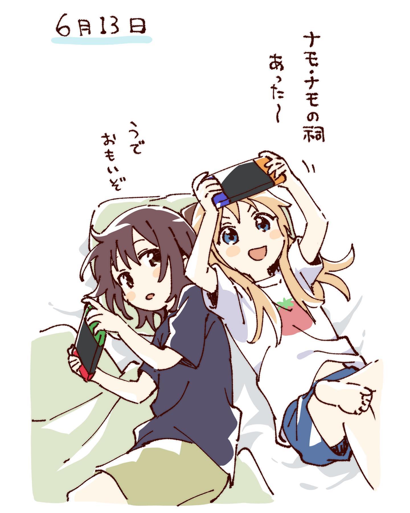namori, yuruyuri, hashtag-only commentary, highres, translation request, 2girls, :d, barefoot, blonde hair, blue eyes, blue shirt, blue shorts, blush stickers, brown eyes, brown hair, cropped legs, green shorts, handheld game console, holding, holding handheld game console, leg up, long hair, lying, multiple girls, nintendo switch, on back, on side, open mouth, pillow, print shirt, shirt, short hair, short sleeves, shorts, simple background, smile, tomato print, v-shaped eyebrows, white background, white shirt
