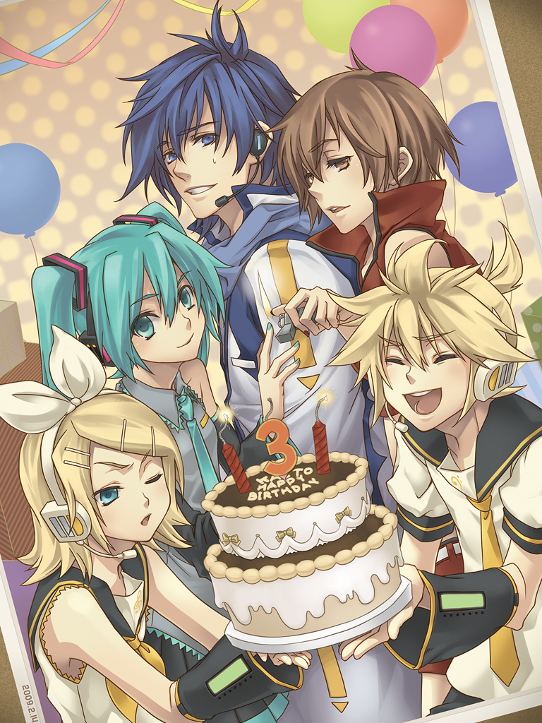 yoh (pixiv199441), hatsune miku, kagamine len, kagamine rin, kaito (vocaloid), meiko (vocaloid), vocaloid, bad id, bad pixiv id, 2boys, 3girls, aqua hair, balloon, birthday, cake, detached sleeves, food, headset, lighter, multiple boys, multiple girls, pastry