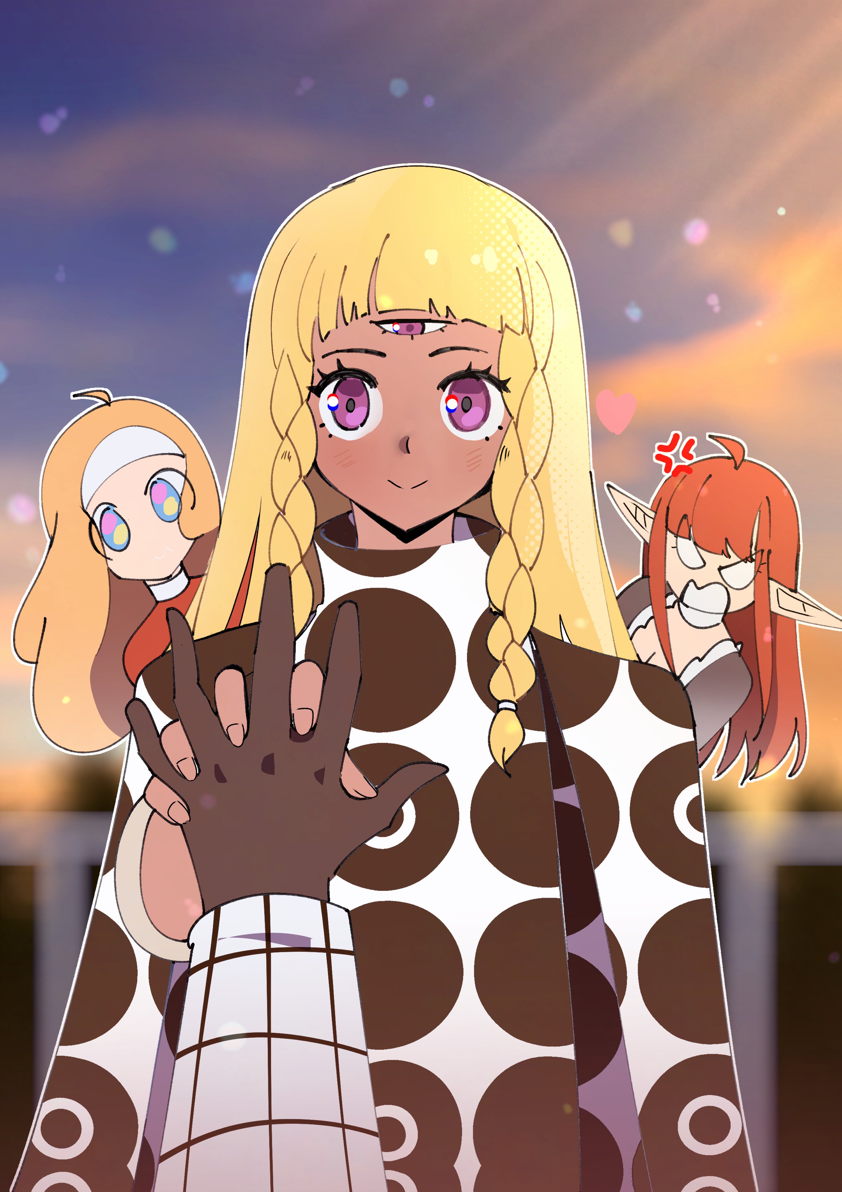 gjh, eupha (metaphor: refantazio), hulkenberg (metaphor: refantazio), junah (metaphor: refantazio), protagonist (metaphor: refantazio), metaphor: refantazio, absurdres, commentary, english commentary, highres, 1boy, 3girls, anger vein, black gloves, blonde hair, blush, braid, closed mouth, dark-skinned female, dark skin, fingernails, gloves, hairband, holding hands, long hair, long sleeves, looking at viewer, multiple girls, outdoors, pointy ears, poncho, pov, pov hands, purple eyes, red hair, sky, smile, third eye, twin braids, white hairband