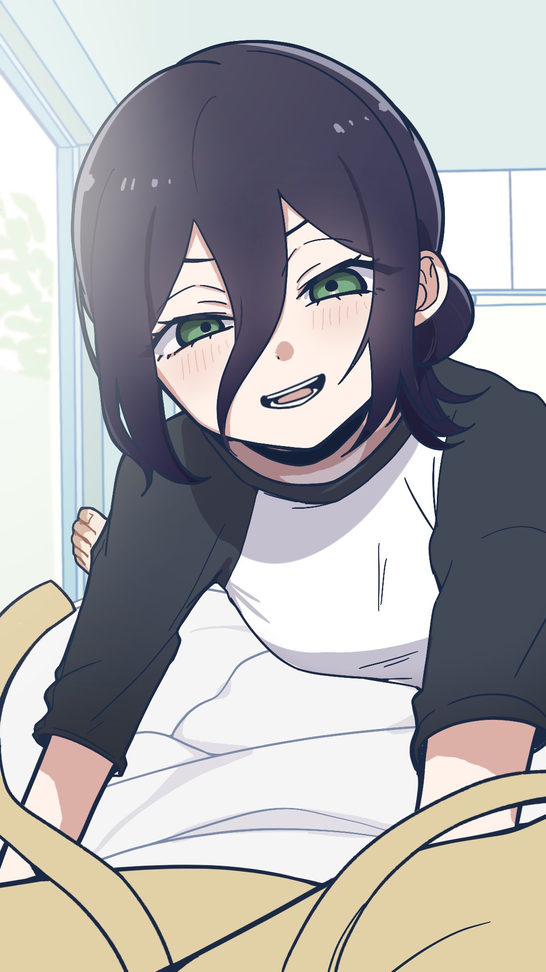 itsuc 24, denji (chainsaw man), reze (chainsaw man), chainsaw man, highres, 1boy, 1girl, barefoot, black choker, black hair, black sleeves, blush, breasts, choker, couple, green eyes, hair between eyes, hair bun, hetero, indoors, looking at viewer, medium breasts, medium hair, on bed, open mouth, smile, under covers