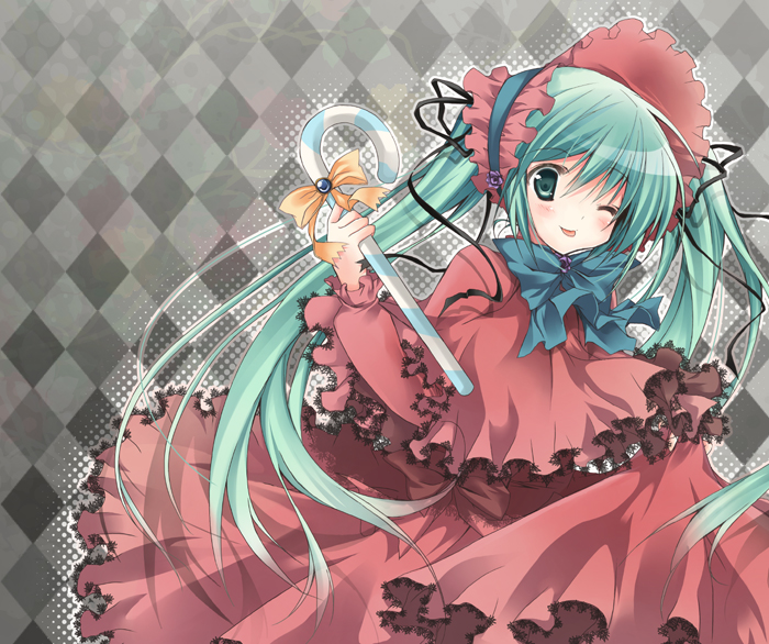 purinpurin, hatsune miku, shinku, rozen maiden, vocaloid, bad id, bad pixiv id, 1girl, :p, ;p, argyle background, argyle clothes, bonnet, bow, cane, cosplay, dress, female focus, green eyes, green hair, long hair, matching hair/eyes, one eye closed, shinku (cosplay), solo, tongue, tongue out, twintails, wink