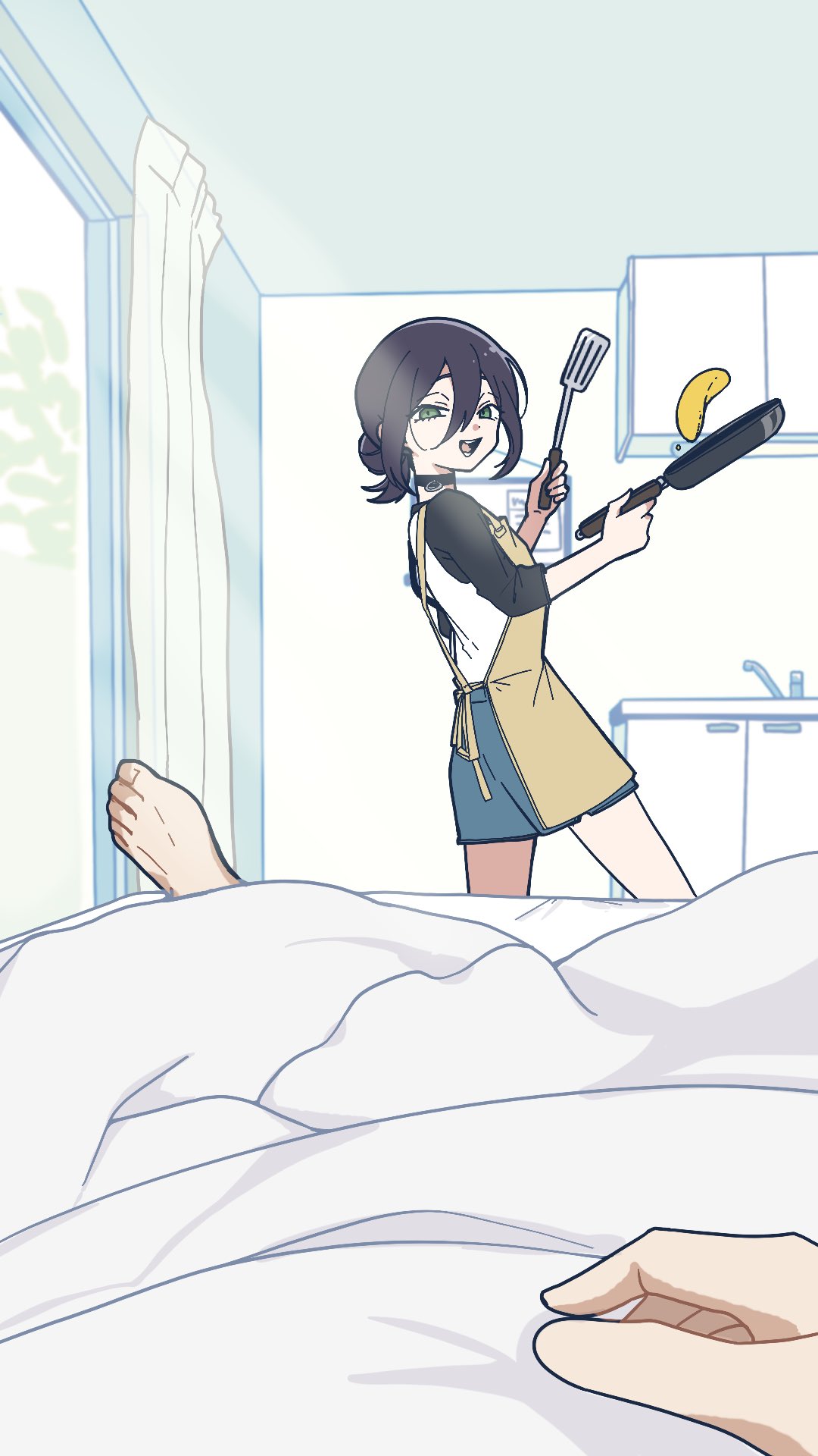 itsuc 24, denji (chainsaw man), reze (chainsaw man), chainsaw man, highres, 1boy, 1girl, apron, barefoot, black choker, black hair, black sleeves, blue shorts, blush, breasts, choker, cooking, couple, cowboy shot, flipping food, food, green eyes, hair between eyes, hair bun, hetero, holding, holding pan, holding spatula, indoors, kitchen, looking at viewer, medium breasts, medium hair, on bed, open mouth, shorts, smile, spatula, sunlight, under covers, yellow apron
