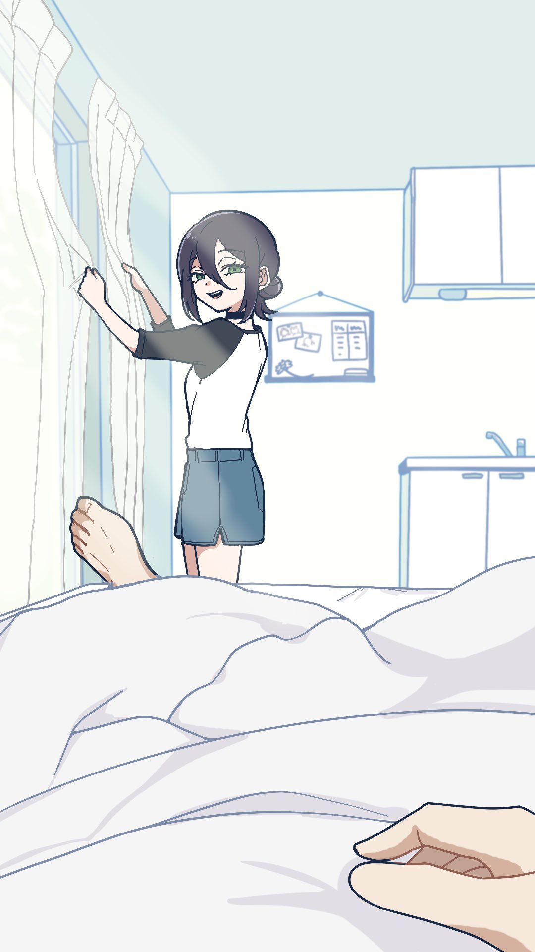 itsuc 24, denji (chainsaw man), reze (chainsaw man), chainsaw man, highres, 1boy, 1girl, barefoot, black choker, black hair, black sleeves, blush, breasts, choker, couple, cowboy shot, curtain grab, curtains, green eyes, hair between eyes, hair bun, hetero, indoors, kitchen, looking at viewer, medium breasts, medium hair, on bed, open mouth, smile, sunlight, under covers