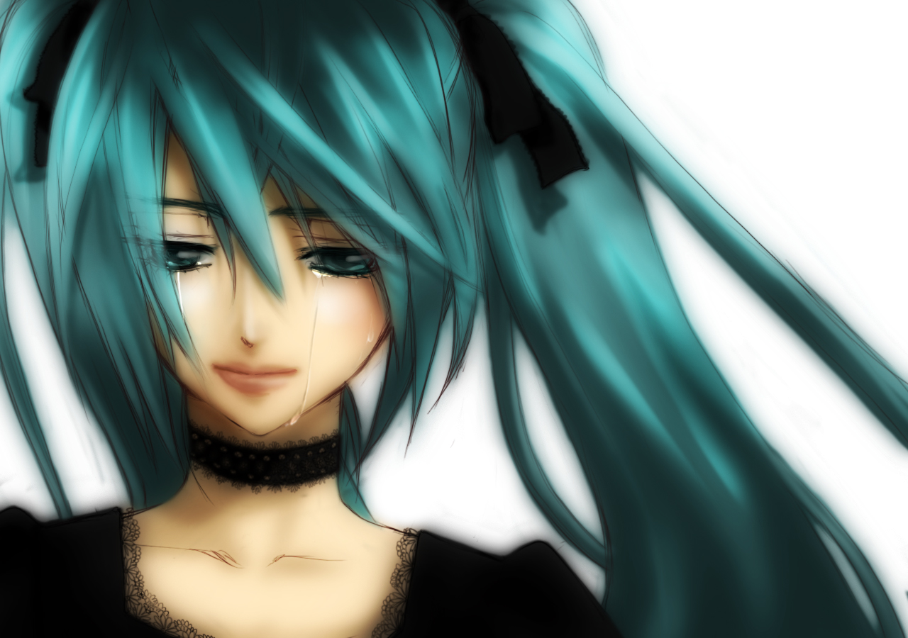 hodaka shima, hatsune miku, vocaloid, aqua eyes, aqua hair, choker, solo, tears, twintails