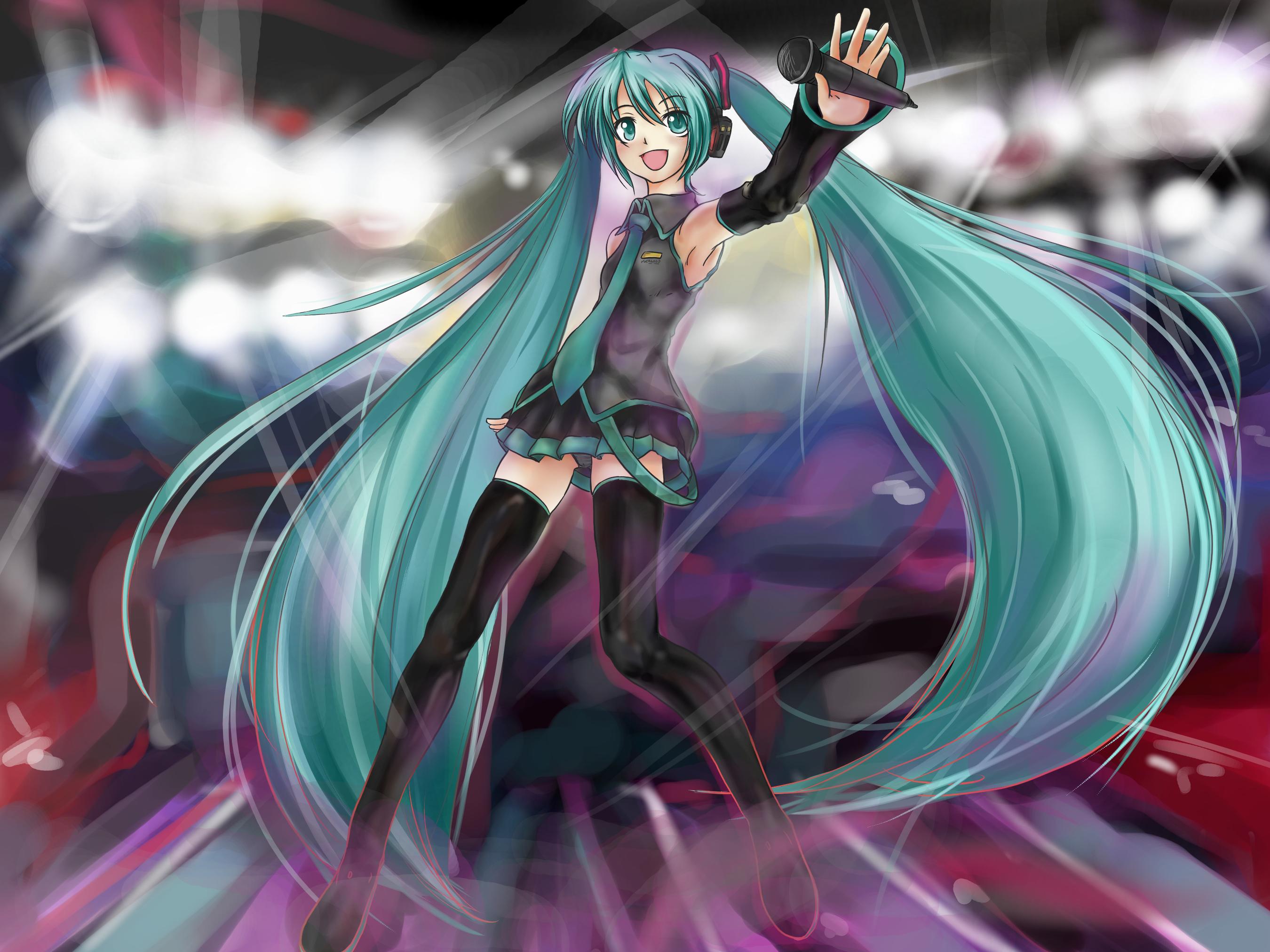 t@kumi, hatsune miku, vocaloid, lights, bad id, bad pixiv id, highres, aqua eyes, aqua hair, armpits, detached sleeves, long hair, microphone, necktie, panties, pantyshot, skirt, striped clothes, striped panties, thighhighs, twintails, underwear, very long hair