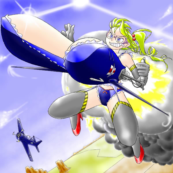 shirokuro jakko, original, aircraft, airplane, breasts, garter belt, goggles, high heels, huge breasts, missile, rocket, shoes, tears, what