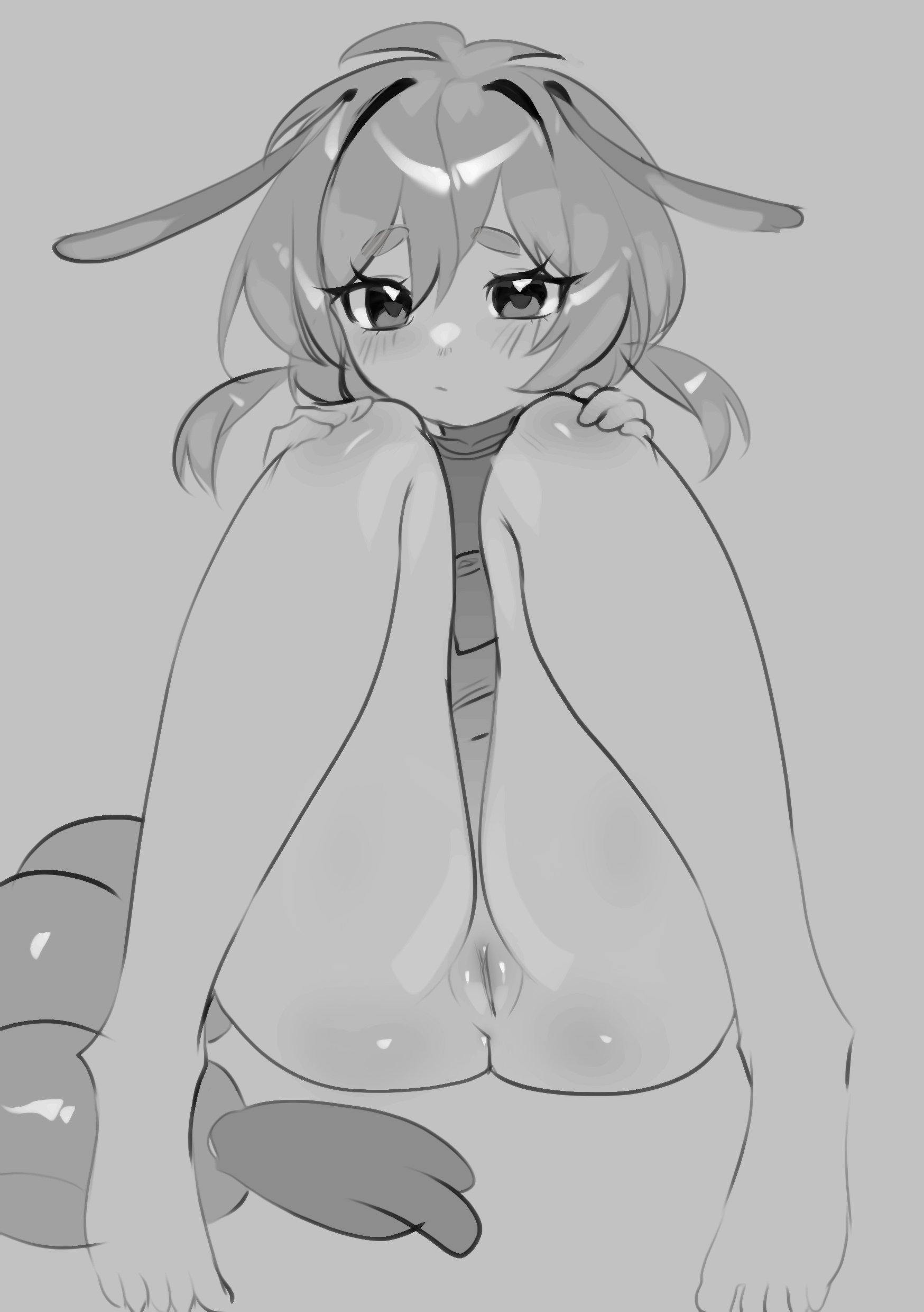 niniidawns, pepper (teuthidan), original, absurdres, commission, commissioner upload, highres, 1girl, antennae, bottomless, holding legs, legs up, looking at viewer, monochrome, no panties, pussy, short hair, shrimp girl, shrimp tail, sitting, sketch