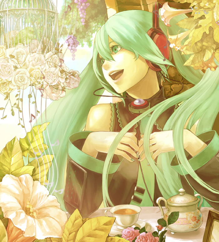 comin, hatsune miku, vocaloid, bad id, bad pixiv id, 1girl, bird, birdcage, cage, cup, detached sleeves, female focus, flower, food, fruit, grapes, green bird, green eyes, green hair, green nails, headphones, long hair, matching hair/eyes, musical note, nail polish, necktie, solo, tea, teacup, twintails