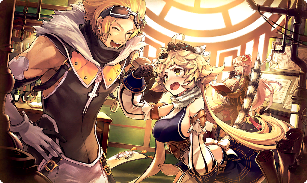amis (ta ga tame no alchemist), megistos (ta ga tame no alchemist), ta ga tame no alchemist, commentary, official art, third-party source, 1boy, 2girls, :d, ^ ^, ahoge, animal ears, black shirt, blonde hair, breasts, brown gloves, cat ears, cat girl, cat tail, closed eyes, d'artagnan (ta ga tame no alchemist), detached sleeves, facing another, fang, gloves, goggles, goggles on head, hand on own hip, indoors, long hair, looking at another, multiple girls, open mouth, shirt, short hair, sideboob, sleeveless, sleeveless shirt, smile, tail, yellow eyes