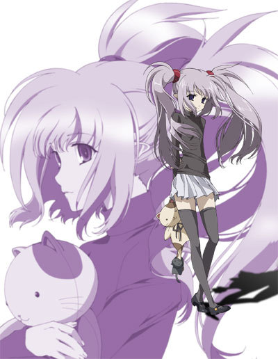 primula, shuffle!, silver hair, 00s, cat, long hair, purple eyes, skirt, stuffed animal, stuffed toy, twintails