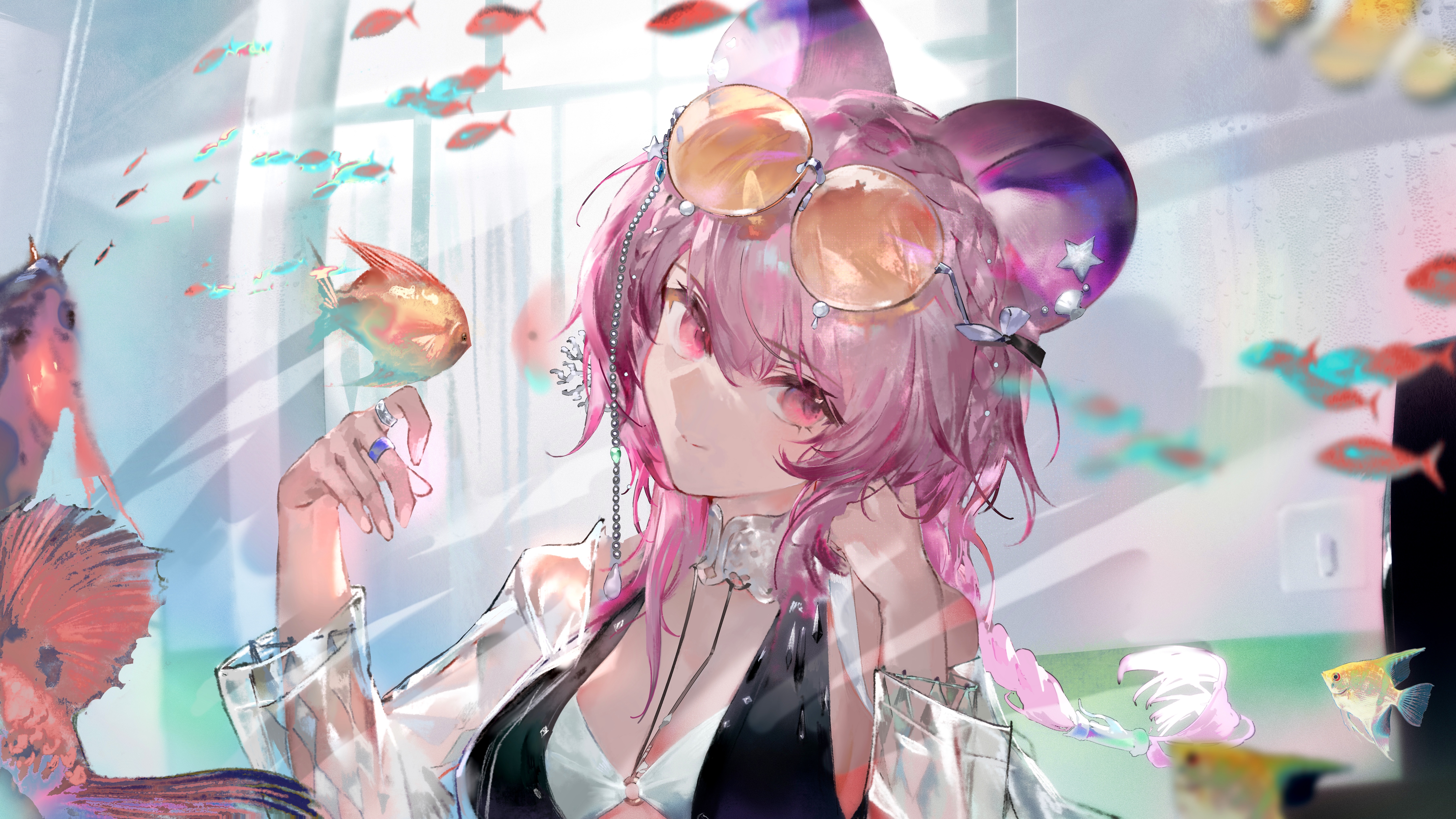 chiaspicy, lin (arknights), lin (summer flowers) (arknights), arknights, absurdres, highres, 1girl, animal ears, bikini, braid, breasts, closed mouth, eyewear on head, fish, hands up, jacket, jewelry, long hair, looking at viewer, mouse ears, official alternate costume, orange-tinted eyewear, pink eyes, pink hair, ring, see-through clothes, see-through jacket, smile, solo, swimsuit, tinted eyewear, upper body