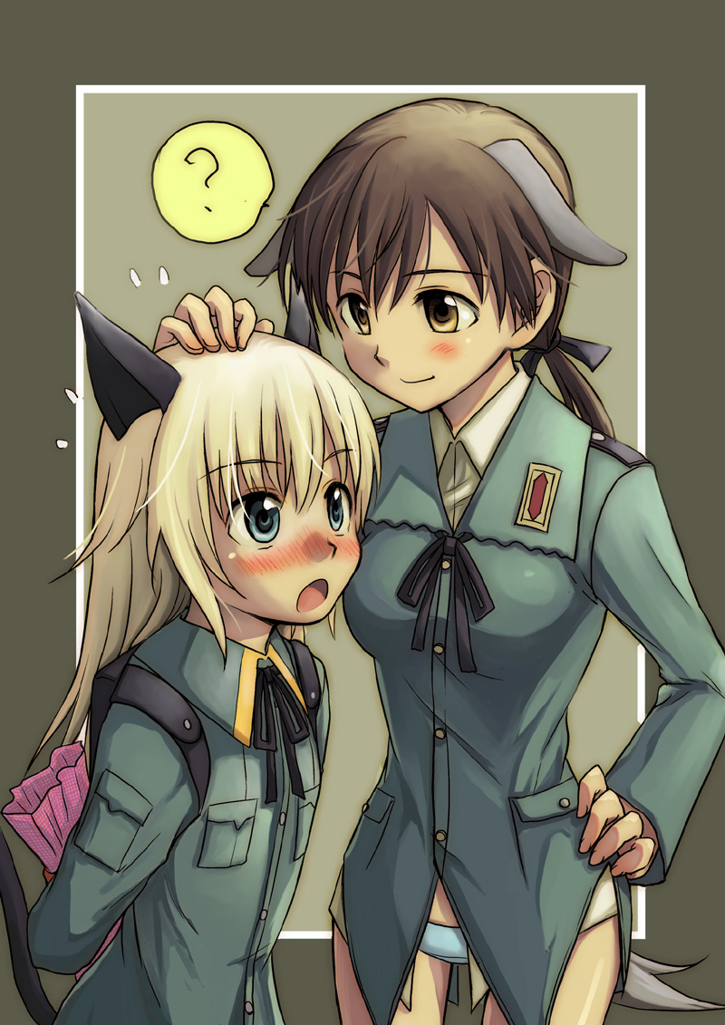 niina ryou, gertrud barkhorn, helma lennartz, strike witches, strike witches: suomus misfits squadron, world witches series, uniform, bad id, bad pixiv id, 00s, 2girls, ?, animal ears, blush, gift, hand on own hip, headpat, hip focus, holding, holding gift, multiple girls, panties, tail, underwear, valentine