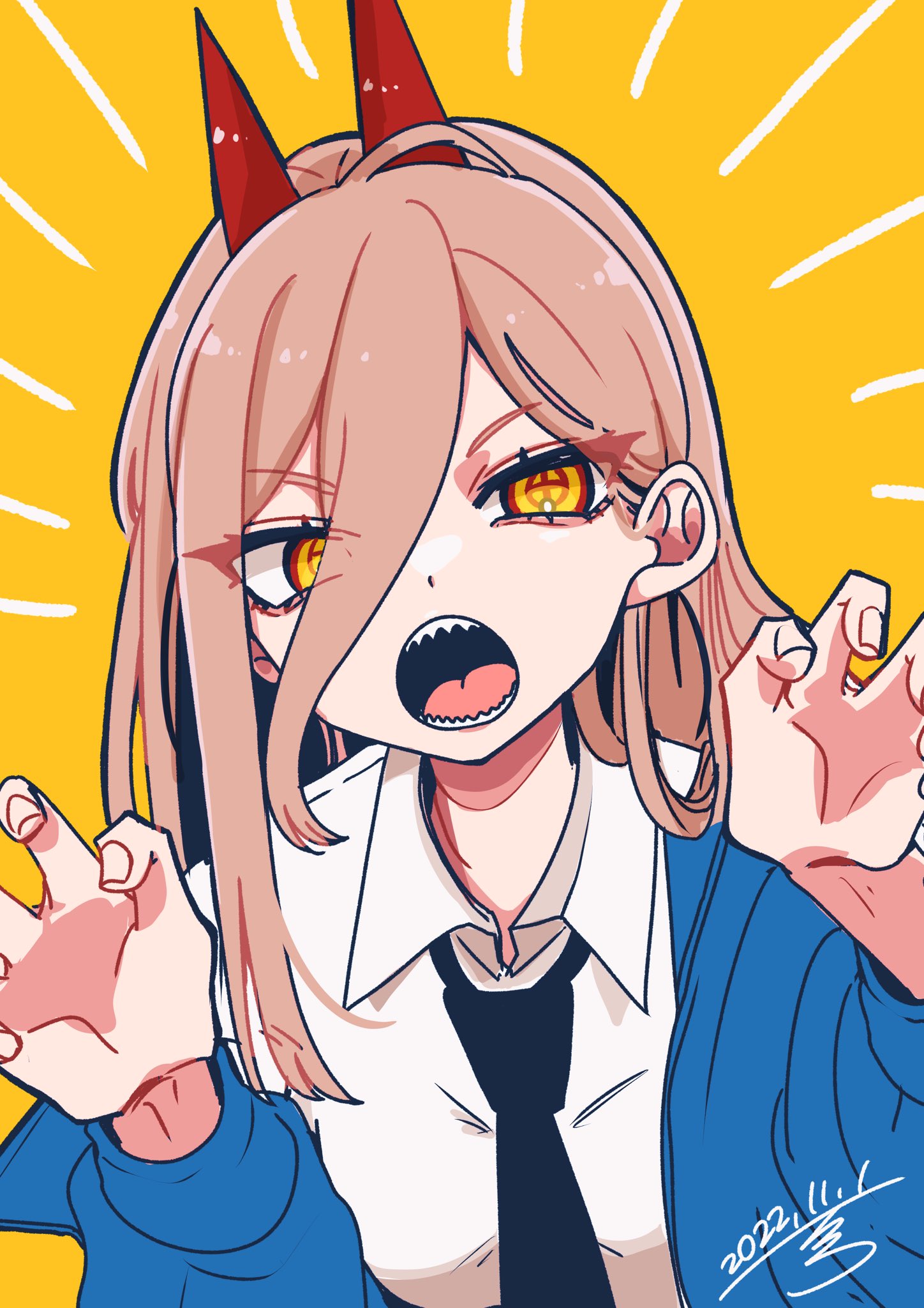 itsuc 24, power (chainsaw man), chainsaw man, highres, 1girl, black necktie, blue coat, breasts, brown hair, claw pose, coat, coat partially removed, collared shirt, cross-shaped pupils, dated, demon girl, demon horns, hair between eyes, horns, long hair, looking at viewer, medium breasts, necktie, open mouth, orange background, orange eyes, red horns, sharp teeth, shirt, signature, solo, symbol-shaped pupils, teeth, upper body, white shirt