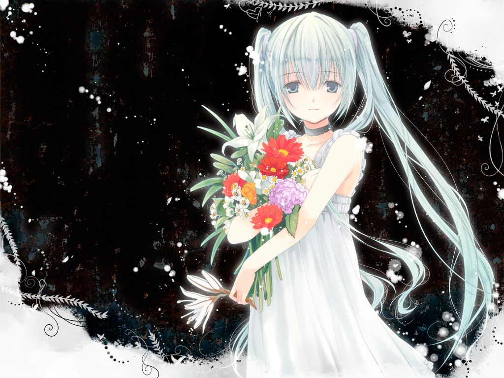 kirino kasumu, shunmin, hatsune miku, vocaloid, bad id, bad pixiv id, 1girl, aqua eyes, aqua hair, blue eyes, blue hair, choker, dress, female focus, flower, long hair, matching hair/eyes, solo, twintails