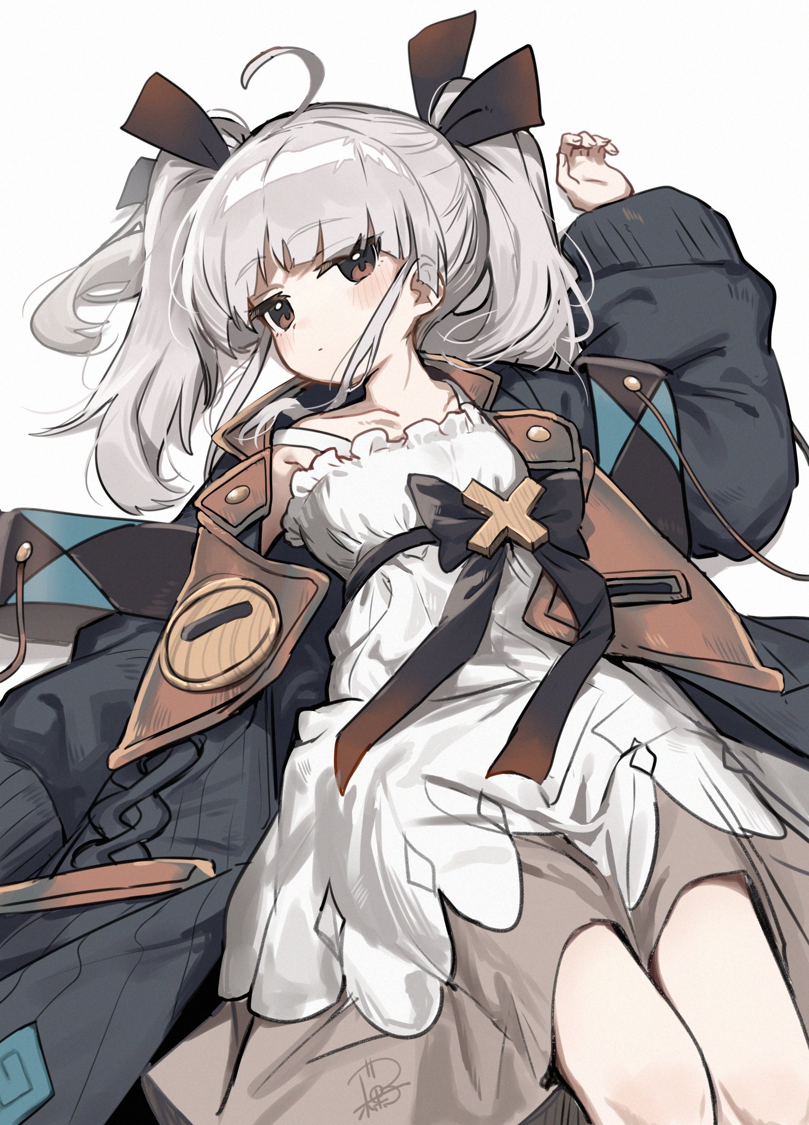 wagashi928, original, highres, 1girl, ahoge, brown eyes, coat, dress, expressionless, flat chest, grey hair, long hair, looking at viewer, lying, on back, open clothes, open coat, solo, twintails