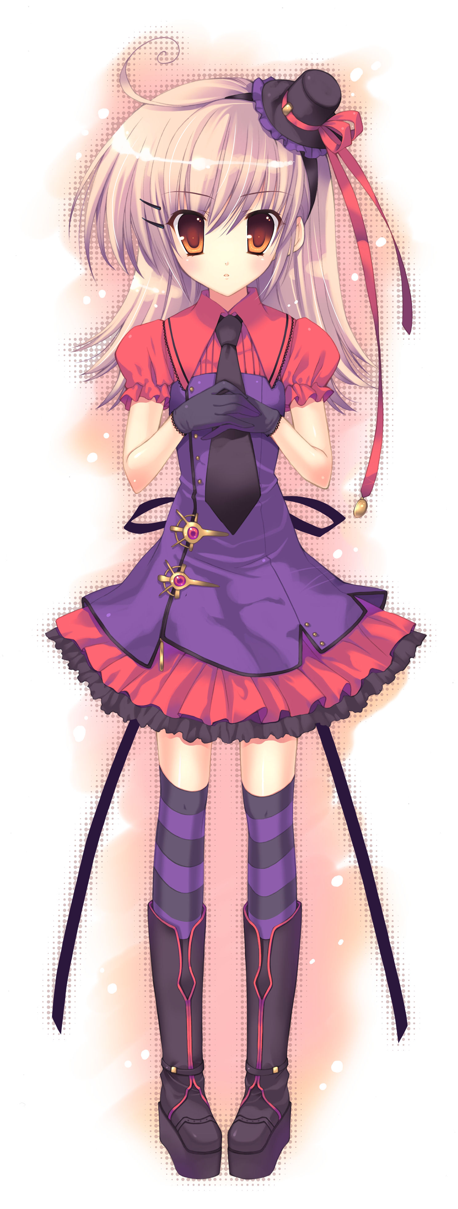 mitha, absurdres, highres, long image, tall image, 1girl, ahoge, black boots, black gloves, black necktie, blonde hair, boots, female focus, gloves, hair ornament, hairclip, hat, mini hat, mini top hat, necktie, orange eyes, socks, solo, striped clothes, striped socks, top hat