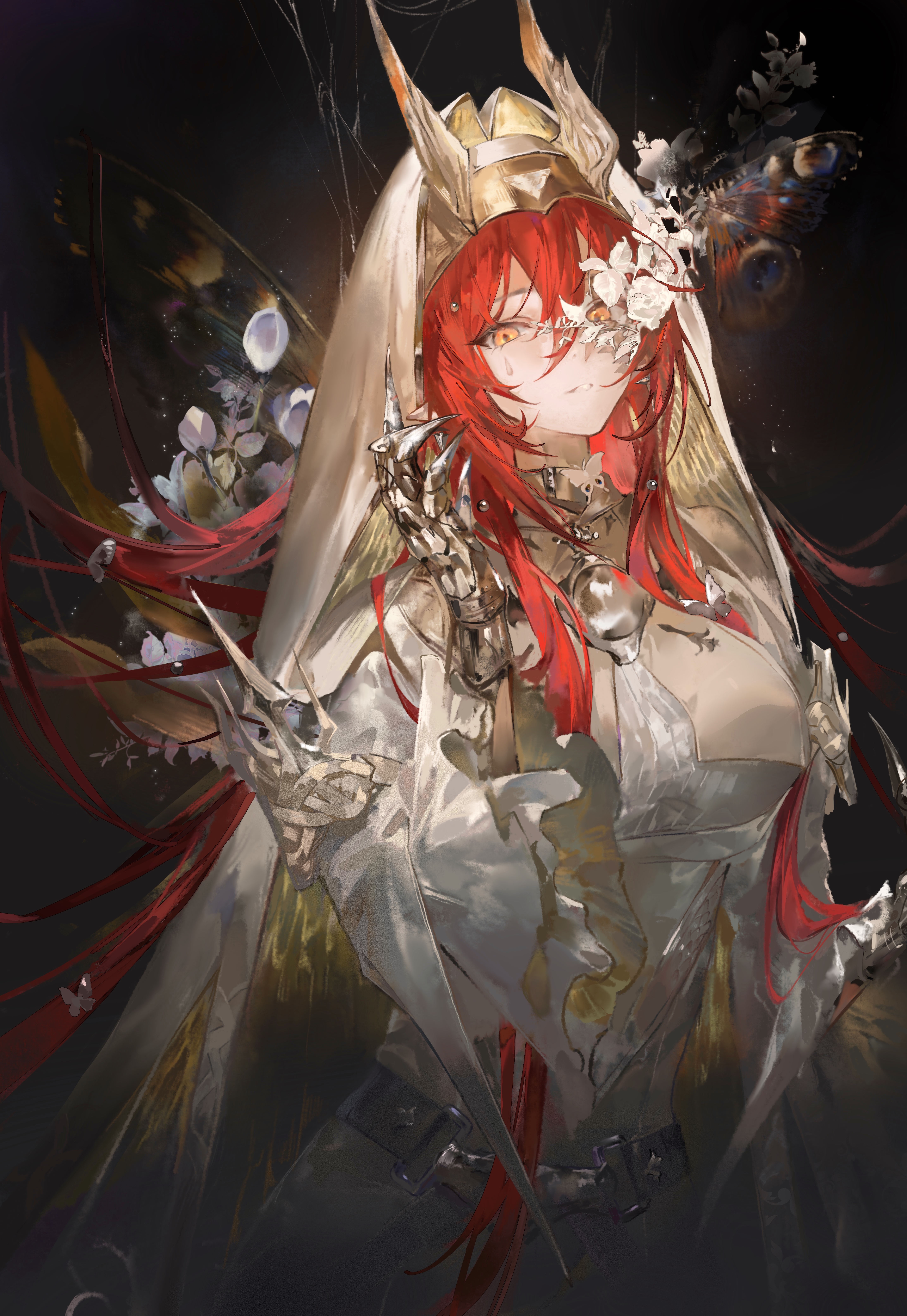 chiaspicy, ascalon (arknights), ascalon (phototaxis) (arknights), arknights, absurdres, highres, 1girl, black background, breasts, bug, butterfly, cowboy shot, dress, flower, gauntlets, hair between eyes, hair spread out, hand up, horns, insect, large breasts, long hair, long sleeves, looking at viewer, multicolored hair, official alternate costume, orange eyes, parted lips, pointy ears, purple hair, red hair, simple background, solo, teardrop facial mark, two-tone hair, veil, very long hair, white dress, white flower, white veil, wide sleeves