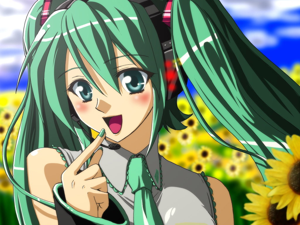 aida ayako, hatsune miku, vocaloid, 1girl, blush, detached sleeves, female focus, flower, green eyes, green hair, green nails, headset, matching hair/eyes, nail polish, necktie, solo, sunflower, twintails