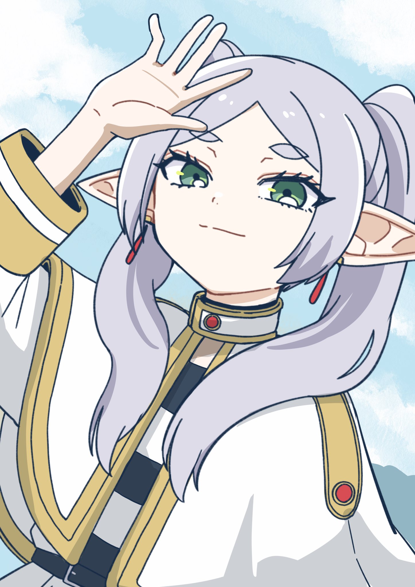 itsuc 24, frieren, sousou no frieren, highres, 1girl, capelet, cloud, cloudy sky, earrings, elf, gold trim, green eyes, grey hair, hair over shoulder, jewelry, light smile, long hair, looking at viewer, parted bangs, pointy ears, shading eyes, shirt, sky, solo, striped clothes, striped shirt, thick eyebrows, twintails, upper body, white capelet, white shirt