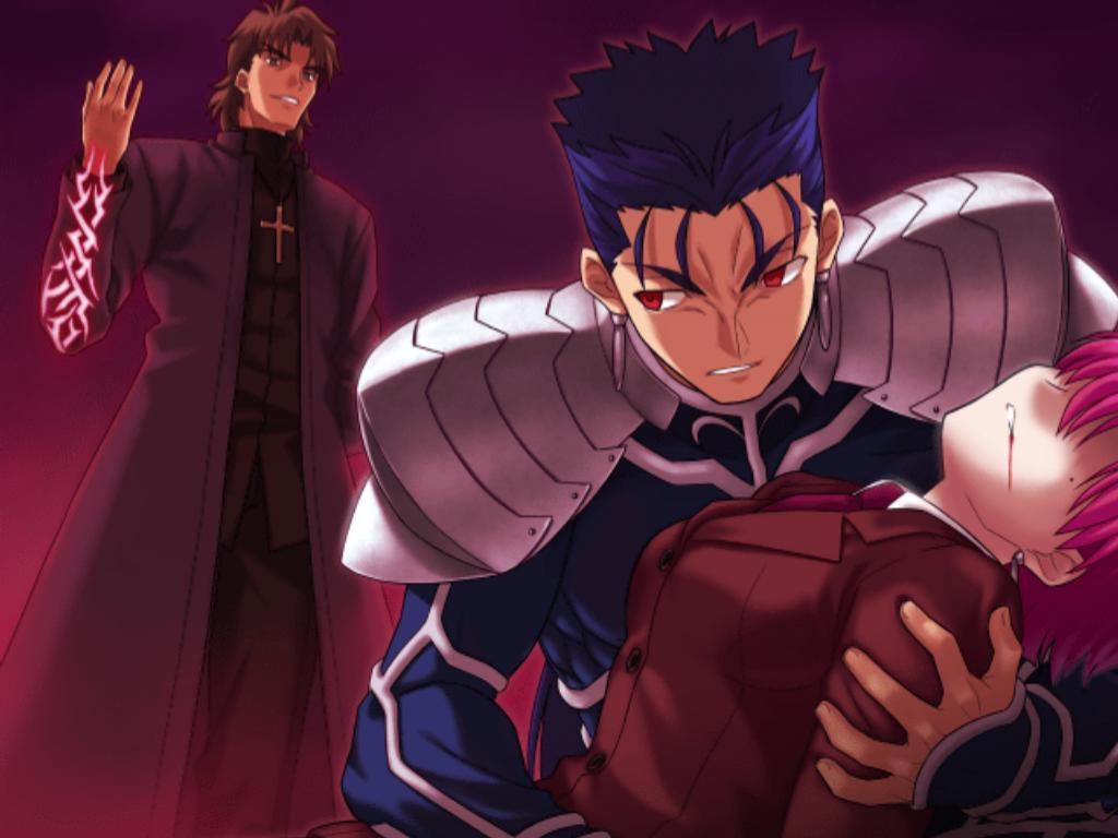 higurashi ryuuji, takeuchi takashi, bazett fraga mcremitz, cu chulainn (fate), cu chulainn (fate/stay night), cu chulainn (lancer) (fate), kotomine kirei, capcom, fate/hollow ataraxia, fate/stay night, fate/unlimited codes, fate (series), type-moon, game cg, spoilers, 00s, 1girl, 2boys, blue hair, death, multiple boys, pink hair, runes