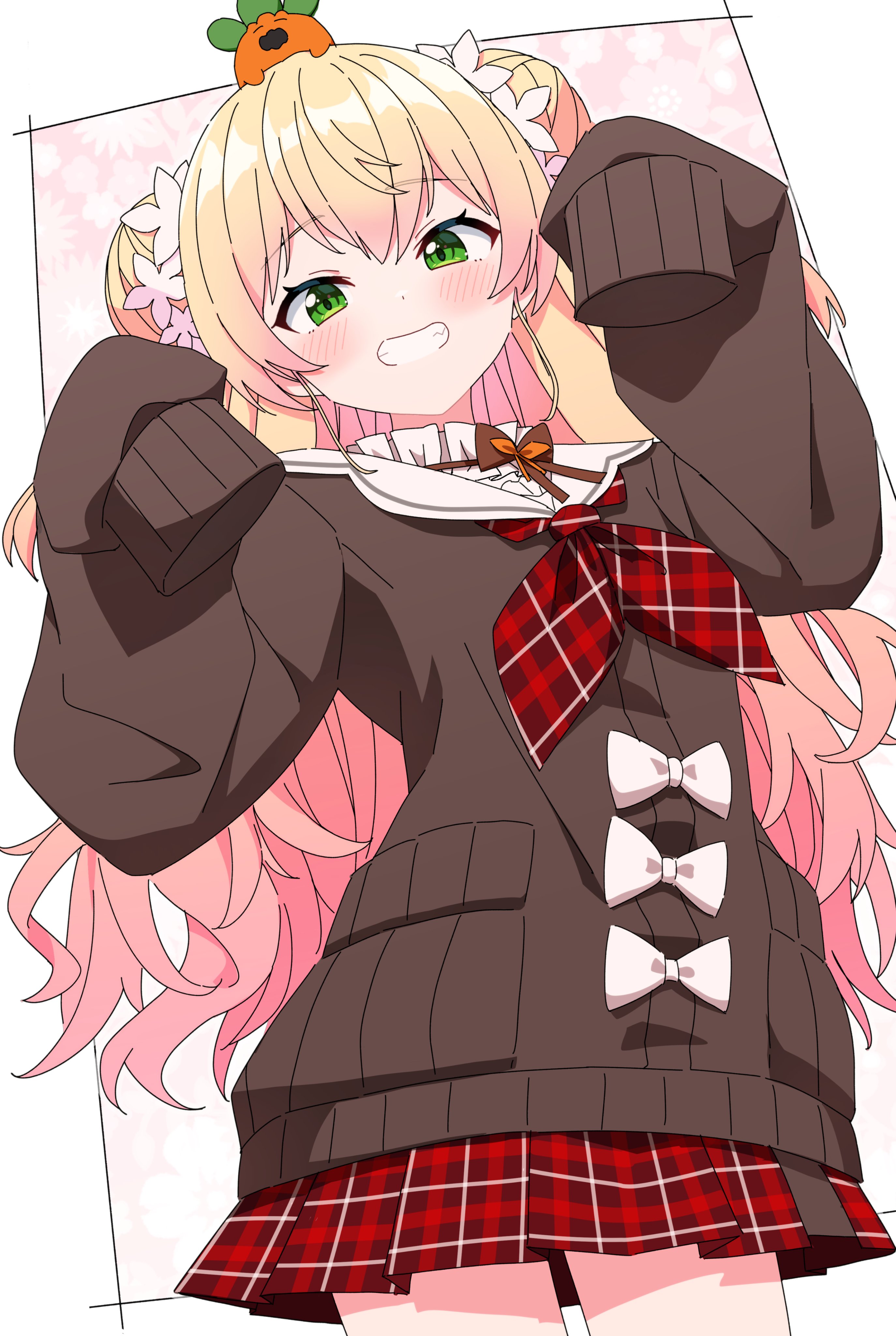 kaie, momosuzu nene, momosuzu nene (casual), nekko (momosuzu nene), hololive, absurdres, highres, 1girl, arms up, blonde hair, blush, brown cardigan, cardigan, collar, cowboy shot, double bun, flower, frilled collar, frills, gradient hair, green eyes, grin, hair bun, hair flower, hair ornament, half-skirt, long hair, long sleeves, looking at viewer, multicolored hair, neckerchief, official alternate costume, on head, pink flower, pink hair, plaid clothes, plaid neckerchief, plaid skirt, pleated skirt, red neckerchief, red skirt, sidelocks, skirt, sleeves past fingers, sleeves past wrists, smile, two side up, virtual youtuber