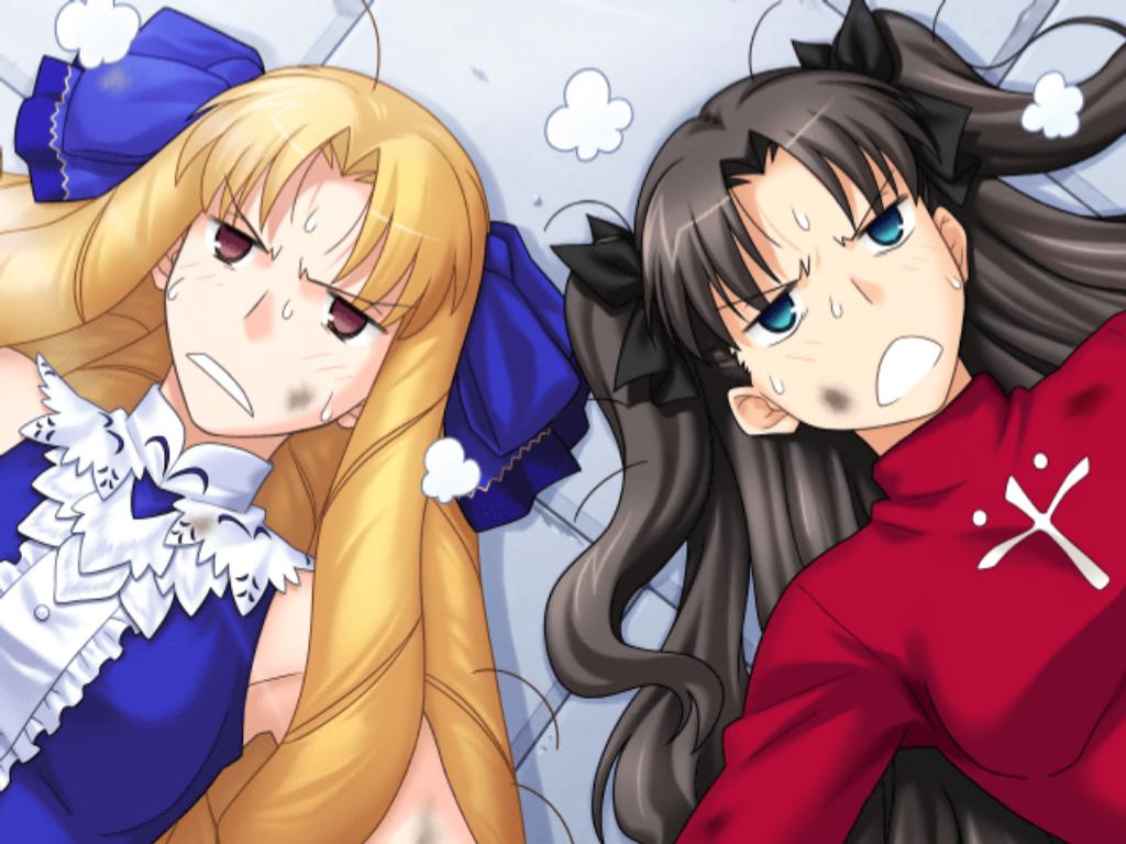 higurashi ryuuji, takeuchi takashi, luviagelita edelfelt, tohsaka rin, fate/stay night, fate/unlimited codes, fate (series), type-moon, fume, game cg, 00s, 2girls, angry, black hair, blonde hair, drill hair, multiple girls