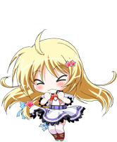 kagura aya, se.kirara, animated, animated gif, lowres, > <, ahoge, blonde hair, blush, closed eyes, jumping, long hair, open mouth, ribbon, skirt, solo