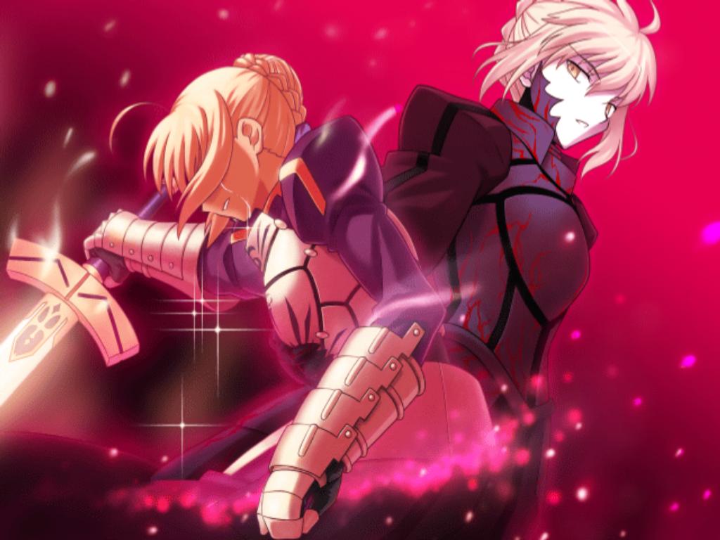 higurashi ryuuji, takeuchi takashi, angra mainyu (fate), artoria pendragon (fate), saber (fate), saber alter, saber alter (second ascension), capcom, fate/stay night, fate/unlimited codes, fate (series), type-moon, game cg, 00s, 1girl, armor, armored dress, blonde hair, corruption, dark persona, dress, dual persona, excalibur (fate/stay night), glowing, glowing sword, glowing weapon, possessed, possession, sword, tears, weapon