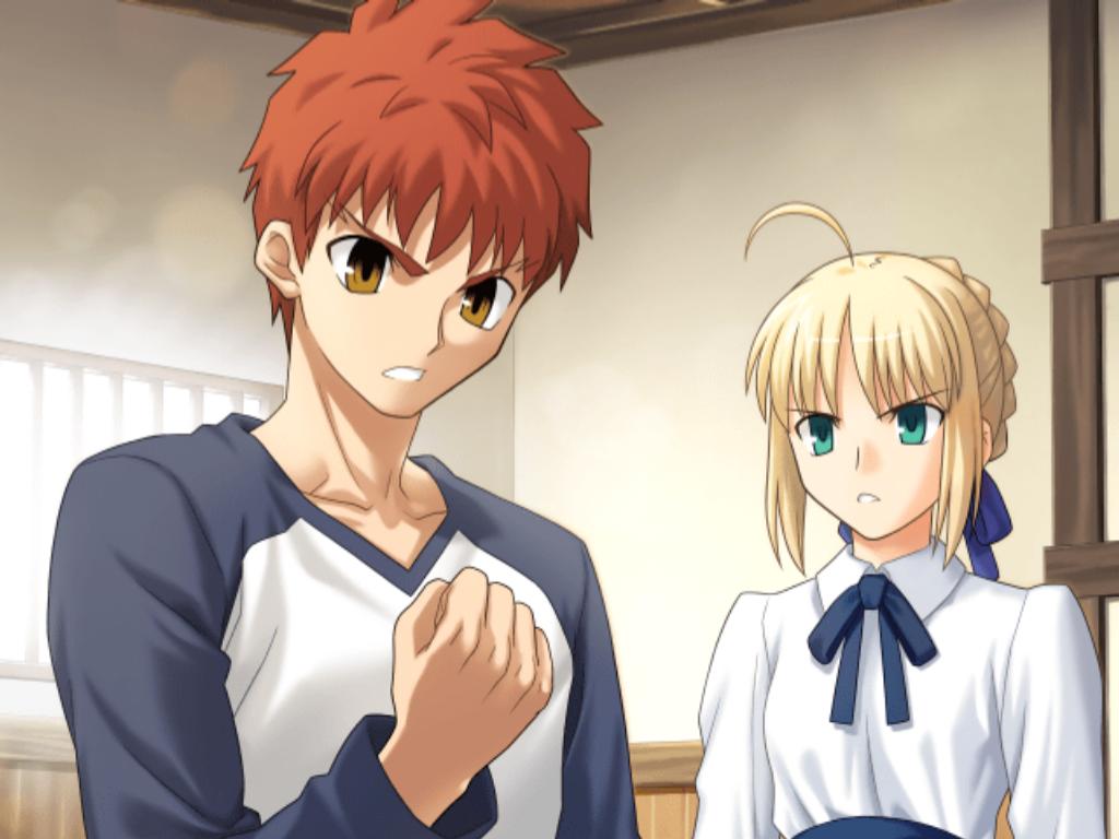 higurashi ryuuji, takeuchi takashi, artoria pendragon (fate), emiya shirou, saber (fate), capcom, fate/stay night, fate/unlimited codes, fate (series), type-moon, game cg, jpeg artifacts, resized, upscaled, 00s, 1boy, 1girl, ahoge, blonde hair, blouse, braid, bun with braided base, clenched hand, collarbone, indoors, orange hair, parted lips, raglan sleeves, shirt, sidelocks, yellow eyes