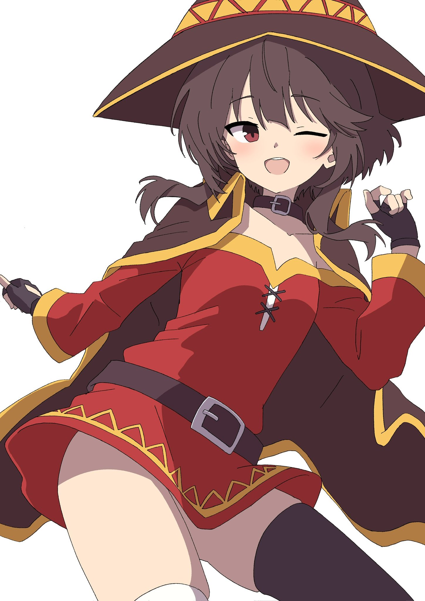 takabayashi4129, megumin, kono subarashii sekai ni shukufuku wo!, commentary, highres, 1girl, ;d, asymmetrical legwear, belt, belt collar, black belt, black gloves, black thighhighs, blush, brown cape, brown hair, brown hat, cape, collar, cowboy shot, dress, fingerless gloves, floating hair, gloves, gluteal fold, hand up, happy, hat, long sleeves, looking at viewer, mismatched legwear, one eye closed, open mouth, red dress, red eyes, short dress, short hair with long locks, simple background, single thighhigh, smile, solo, teeth, thighhighs, tsurime, upper teeth only, white background, wide sleeves, witch hat, zettai ryouiki