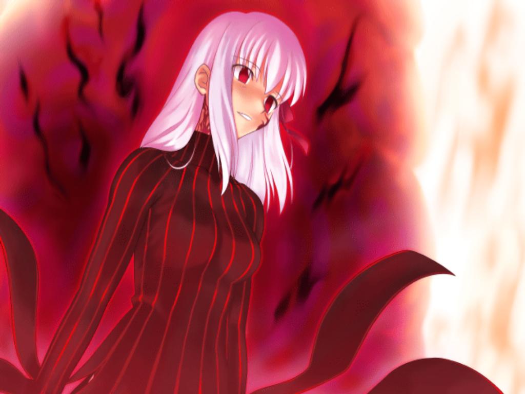 higurashi ryuuji, takeuchi takashi, dark sakura, matou sakura, capcom, fate/stay night, fate/unlimited codes, fate (series), type-moon, game cg, 00s, 1girl, body markings, breasts, dress, female focus, long sleeves, red eyes, solo, striped dress, turtleneck, vertical-striped clothes, vertical-striped dress, white hair