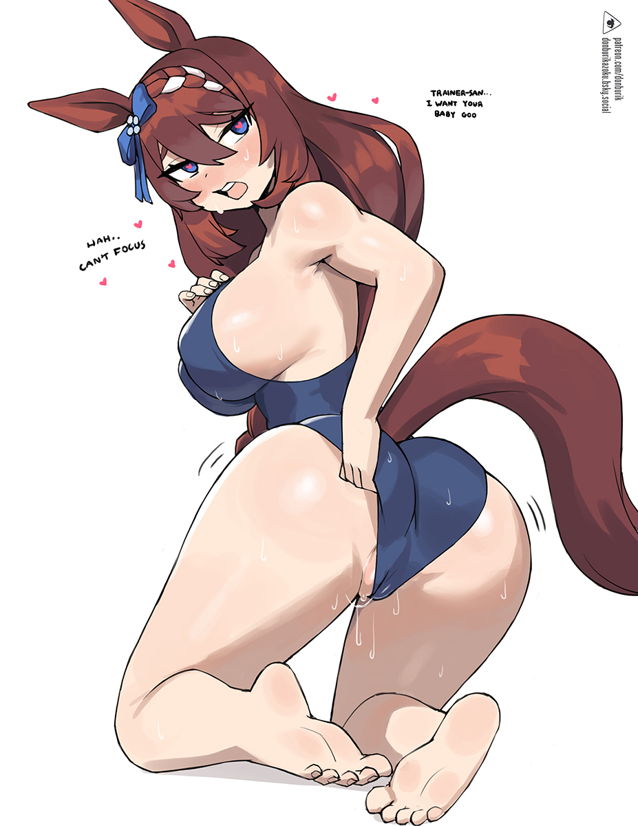 donburi (donburikazoku), super creek (umamusume), umamusume, 1girl, animal ears, ass, blush, breasts, brown hair, feet, heart, heart-shaped pupils, horse ears, horse girl, horse tail, in heat, large breasts, one-piece swimsuit, pussy juice, sideboob, solo, sweat, swimsuit, symbol-shaped pupils, tail, toes