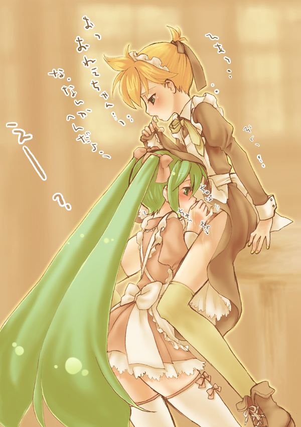 oumi sanaka, hatsune miku, kagamine len, vocaloid, bad id, bad pixiv id, 1boy, 1girl, alternate costume, androgynous, blush, crossdressing, enmaided, fellatio, green hair, hetero, long hair, maid, maid headdress, nail polish, oral, penis, thighhighs, twintails, very long hair, yellow nails, zettai ryouiki