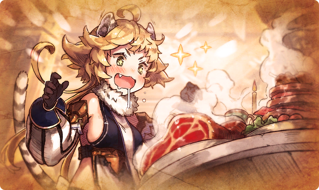 ta ga tame no alchemist, commentary, official art, third-party source, + +, 1girl, ahoge, animal ears, blonde hair, blush, breasts, candle, cat ears, cat girl, cat tail, d'artagnan (ta ga tame no alchemist), detached sleeves, drooling, fang, food, green eyes, hands up, long hair, looking at food, meat, open mouth, plate, sideboob, solo, sparkle, steam, tail, upper body, v-shaped eyebrows