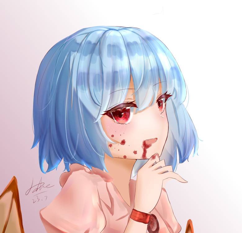 2091966, remilia scarlet, touhou, 1girl, artist name, bat wings, blood, blood from mouth, blood on face, blood on hands, blush, fang, hair between eyes, open mouth, pink skirt, purple hair, red eyes, short hair, signature, skirt, smile, solo, wings, wrist cuffs