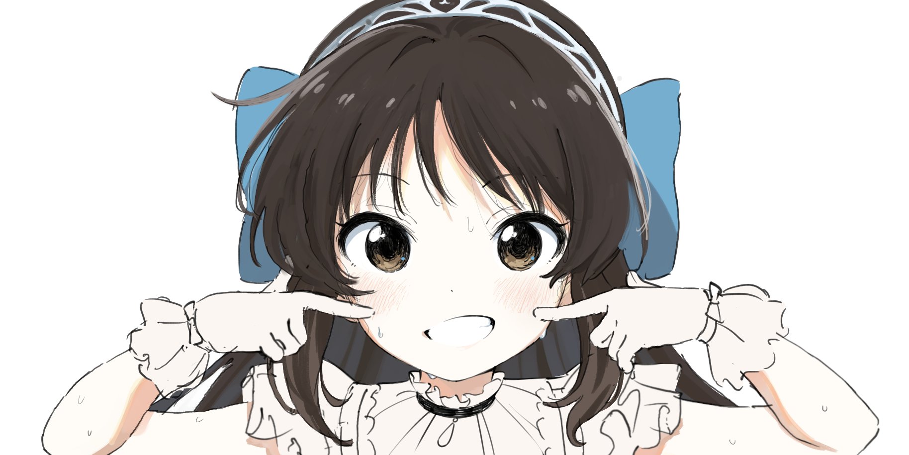 tachibana arisu, idolmaster, idolmaster cinderella girls, highres, blush, bow, brown eyes, brown hair, frilled gloves, frills, gloves, grin, hair bow, hairband, long hair, looking at viewer, nf kb, sidelocks, smile, sweat, white background