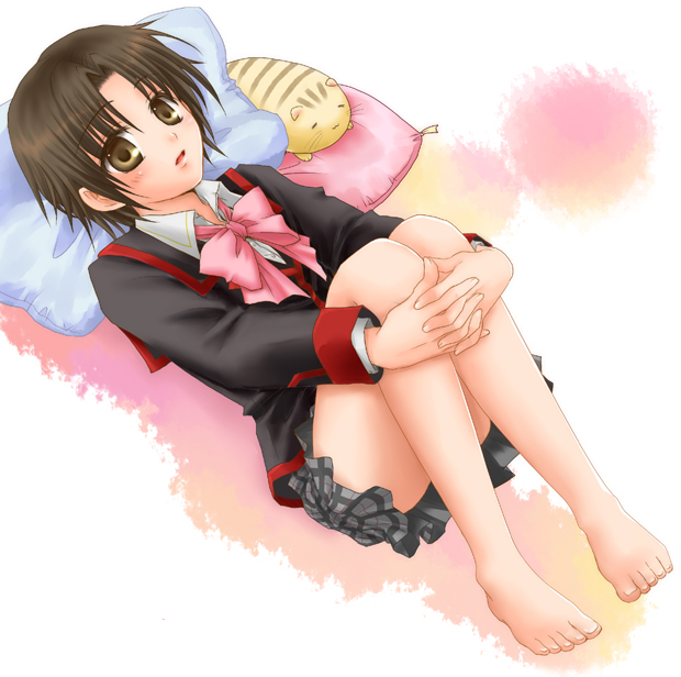 ali (artist), ali (maidoari), naoe riki, little busters!, 1boy, barefoot, bob cut, bow, cat, crossdressing, crossdressing (mtf), feet, male focus, pink bow, school uniform, skirt, solo, trap