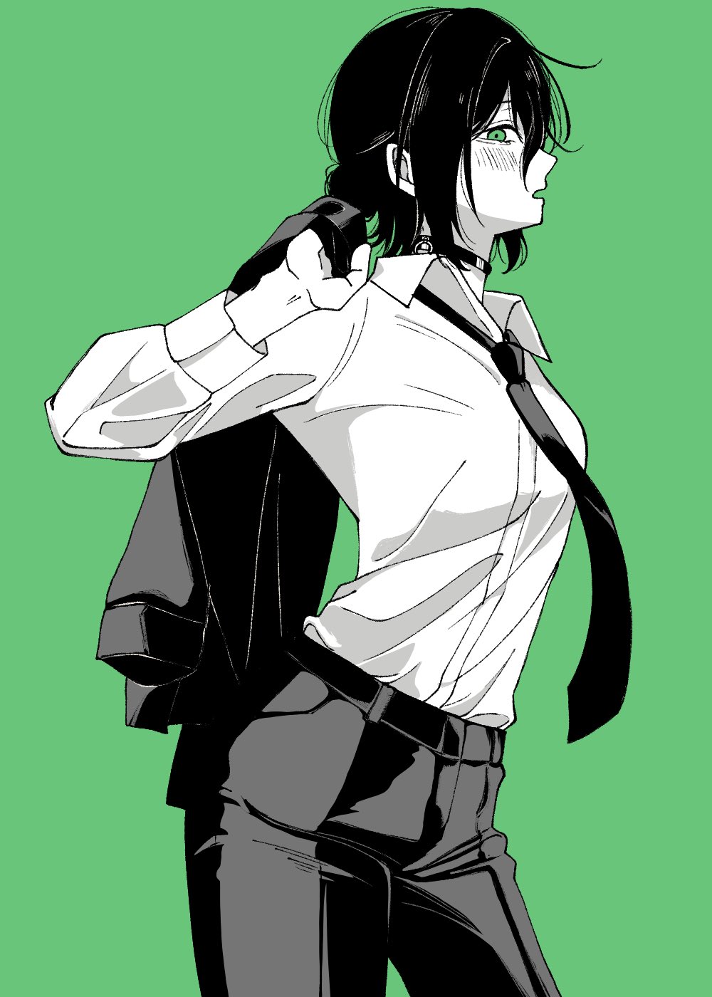 reze (chainsaw man), chainsaw man, highres, 1girl, akqseniq, alternate universe, black choker, black hair, black jacket, black necktie, black pants, black suit, blush, breasts, choker, collared shirt, cowboy shot, formal clothes, green background, green eyes, grenade pin, hair between eyes, hair bun, holding, holding jacket, holding unworn clothes, jacket, medium breasts, medium hair, necktie, open mouth, pants, shirt, solo, suit, unworn jacket, white shirt