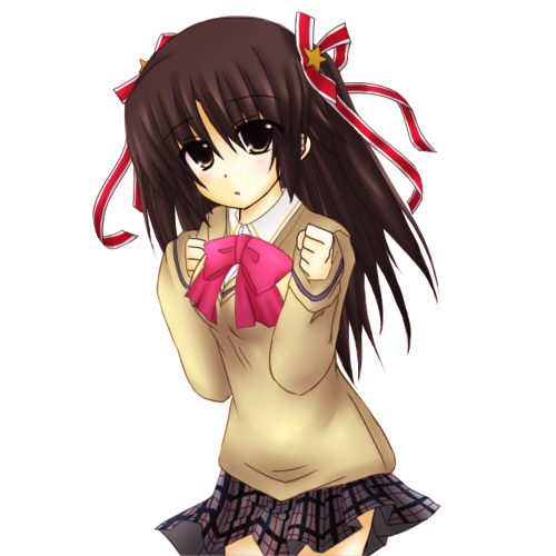 kirasagi mikan, naoe riki, little busters!, bad id, bad pixiv id, lowres, 1boy, bow, brown eyes, brown hair, cowboy shot, crossdressing, crossdressing (mtf), long hair, looking at viewer, male focus, pink bow, school uniform, simple background, skirt, solo, sweater, trap, white background