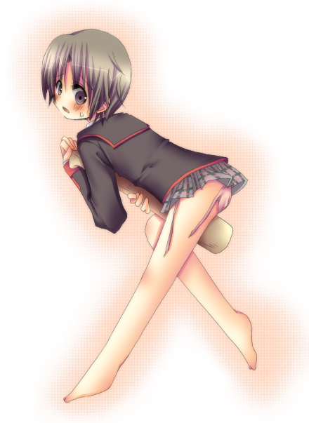 togesabo, naoe riki, little busters!, untied, 1boy, bad anatomy, bad feet, barefoot, blush, bob cut, crossdressing, crossdressing (mtf), feet, male focus, panties, poorly drawn, school uniform, side-tie panties, solo, sweatdrop, trap, underwear, wardrobe malfunction