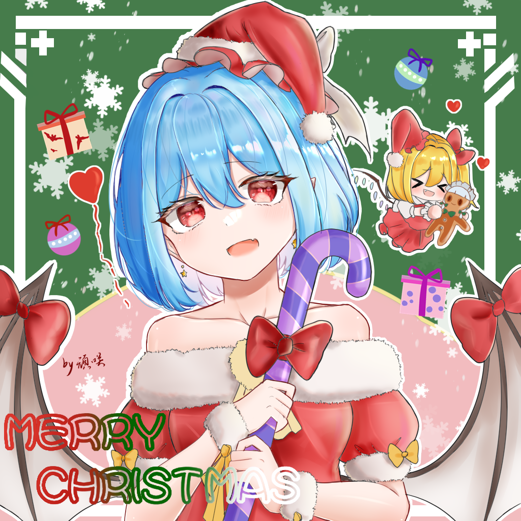 2091966, flandre scarlet, remilia scarlet, touhou, 2girls, bare shoulders, bat wings, bow, candy, candy cane, dress, earrings, food, fur-trimmed dress, fur-trimmed headwear, fur trim, gingerbread man, hair between eyes, hair intakes, hat, holding, holding candy, holding candy cane, holding food, jewelry, multiple girls, off-shoulder dress, off shoulder, purple hair, red bow, red dress, red eyes, red hat, santa costume, santa dress, santa hat, solo focus, star (symbol), star earrings, wings, wrist cuffs