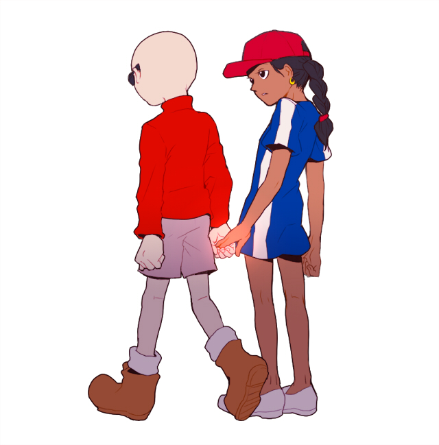 t k g, numbuh 1, numbuh 5, codename: kids next door, commentary request, 1boy, 1girl, bald, black hair, braid, clenched hand, dark skin, earrings, hat, holding hands, jewelry, looking at another, parted lips, shorts, simple background, standing, sunglasses, walking, white background
