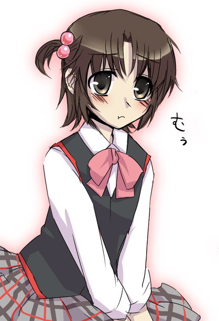 kanae tsukasa, naoe riki, little busters!, 1boy, blush, brown eyes, brown hair, crossdressing, crossdressing (mtf), hair bobbles, hair ornament, male focus, school uniform, solo, trap